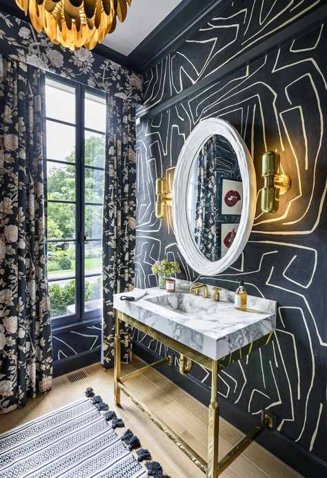 12 Modern Powder Room Ideas With Major Wow Factor | Luxe Interiors + Design Maximalist Bathrooms, Modern Powder Room Ideas, Jeff Andrews Design, Half Bath Design, Modern Powder Room, Miami Interior Design, Powder Room Wallpaper, Monochromatic Color Scheme, Mirror Reflection