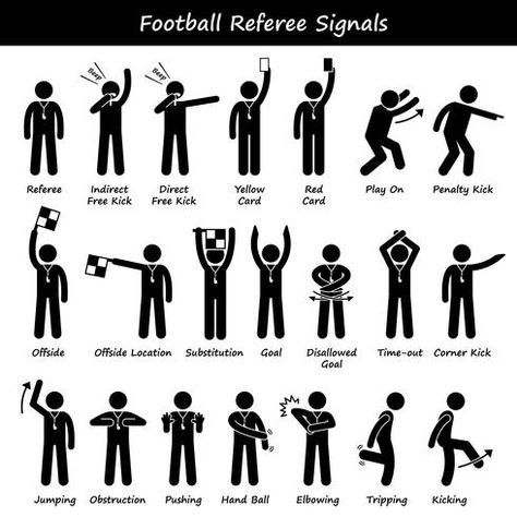 Football Soccer Referees Officials Hand Signals Stick Figure Pictogram Icons. Soccer Positions, Football Rules, Soccer Referee, Football Referee, Entrainement Football, Penalty Kick, Volleyball Workouts, Hand Signals, Soccer Inspiration