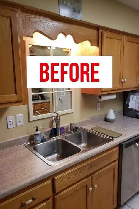 Check out this best kitchen cabinet makeover you can do for under $100. Beautiful wood kitchen cabinet upgrade for cheap. Budget Cabinet Makeover, Kitchen Renovation Painted Cabinets, Upgrading Kitchen On A Budget, Trailer Kitchen Cabinets Makeover, Cabinet Colors With Wood Countertops, Repainting Wood Cabinets, Transforming Kitchen Cabinets, Restoring Kitchen Cabinets, Cheap Kitchen Cabinet Makeover