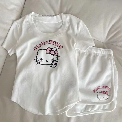 Sanrio Hello Kitty Kawaii Short Set Y2k Girls Summer New In Matching Sets Elegant 2-piece Sets For Pyjama Pants Aesthetic, Puffer Jacket Outfit Ideas, Nurse In Training, Style Puffer Jacket, Jacket Outfit Ideas, Kawaii Shorts, Images Hello Kitty, Puffer Jacket Outfit, Y2k Girls