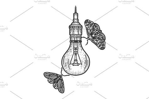 Moth And Lamp Tattoo, Moth Lamp Tattoo, Moth And Light Bulb Tattoo, Moth And Light Tattoo, Moth Light Tattoo, Lamp Sketch, Light Bulb Illustration, Light Sketch, Lightbulb Tattoo