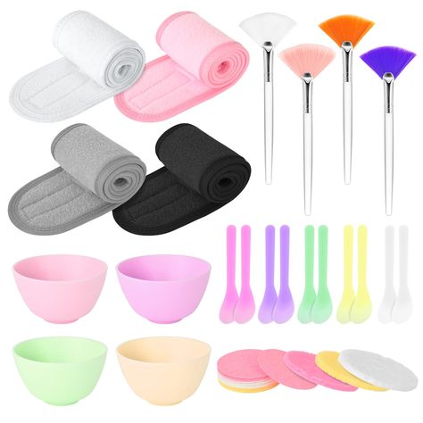 PRICES MAY VARY. 1.Facial Supplies Set: Our facial supplies set contains 15 Pcs compressed facial sponges. 10 Pcs facial spatula.4 Pcs silicone mixing face mask bowls in 4 colors ,4 Pcs multi colorful facial headbands and 4 Short transparent handle fans brushes in 4 colors.This is a perfect set of facial care tools. 2.Colorful facial headband: Our facial headbands in four colors: black, grey, white and pink is an ideal little helper for skin care, the length is about 26.3 inches, with an adjusta Facial Supplies, Facial Spatula, Facial Headband, Esthetician Supplies, Mask Bowl, Facial Tools, Facial Sponges, Silicone Bowl, Fan Brush