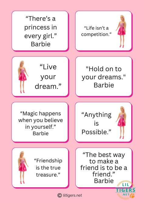 Free Printable Barbie Lunch Notes Barbie Sign Printable, Barbie Movie Printable, Barbie Doll Captions For Instagram, Barbie Names Ideas, Barbie Day Activities, Barbie Motivational Quotes, Barbie Theme Activities, Diy Barbie Party Decorations Free Printable, Barbie Bingo Free Printable