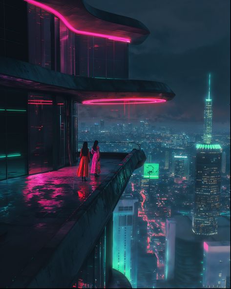 Cara and Colette stood on the edge of the rooftop, the neon lights of the city painting their silhouettes in shades of pink and green. Below, the metropolis buzzed with life, unaware of the seismic shift about to unfold. The two women had spent years planning this moment—a coordinated hack that would disable the oppressive surveillance network controlling every aspect of the city's life. "Are you sure?" Colette asked, her voice barely a whisper against the night. Cara nodded, her eyes locke... Roku City, Cyberpunk Night City, City At Night Aesthetic, Neon Cyberpunk Aesthetic, Cyberpunk House, Scifi City, Neon Cyberpunk, Futurism Art, Cyberpunk Rpg