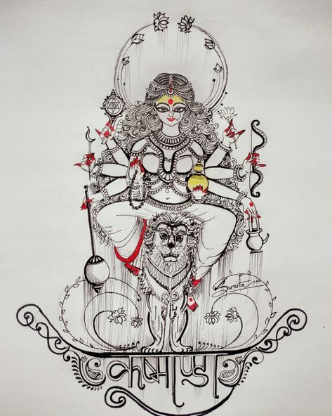 My creation Kushmanda Devi Drawing, Navadurga Painting, Mataji Painting, Navratri Drawing Sketch, Durga Drawing Art, Mata Kushmanda, Durga Sketch, Gonda Art, Religion Drawing