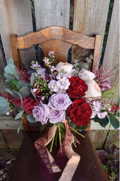 Lavender and red bouquet by Flowers by Janie Red And Purple Bridal Shower Ideas, Lavender Red Wedding, Red White Purple Flowers, Red Lavender Wedding, Lavender Burgandy Wedding, Maroon And Lavender Wedding, Lavender And Burgundy Wedding, Red And Lilac Wedding, Lilac And Red Wedding