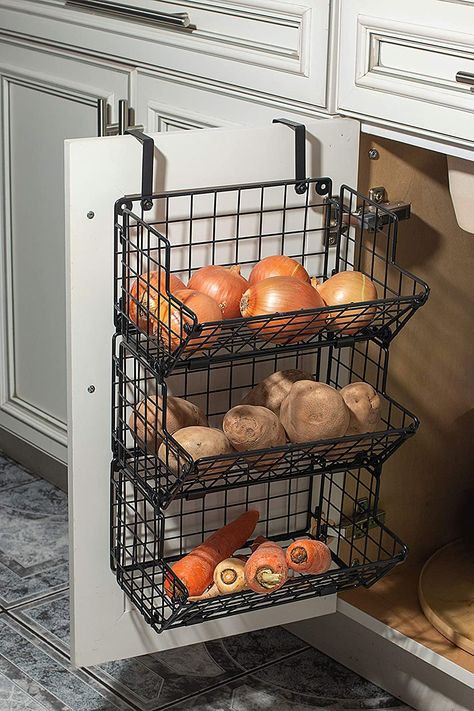 🍓 Under Sink Space Saver Triple Basket Compact design hanging fruit basket free space on countertop or walls; slanted panels for easy access fit inside cabinet ORIGINAL Z BASKET COLLECTION for hanging baskets 🍏 MULTIPURPOSE: Use as a produce holder in the kitchen, to store potatoes & onion in a dark cool place, for bathroom towels, pantry items, Dish washing detergent, brushes, gloves, hanging onion basket, kitchen produce storage Inside Cabinet, Hanging Fruit Basket, Laundry Cabinet, Onion Storage, Produce Storage, Hanging Fruit Baskets, Kitchen Storage Hacks, Kabinet Dapur, Desain Furnitur Modern