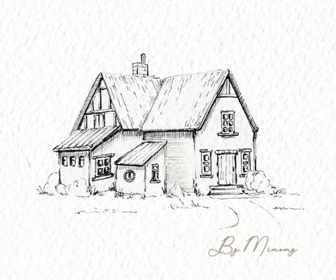 Old House Sketch Drawings, Sketches Of Cottages, House Design Art Drawing, Small Cottage Drawing, Victorian House Drawing Simple, Cottage Line Drawing, Sketch House Simple, How To Draw A Cottage, Old Buildings Drawings