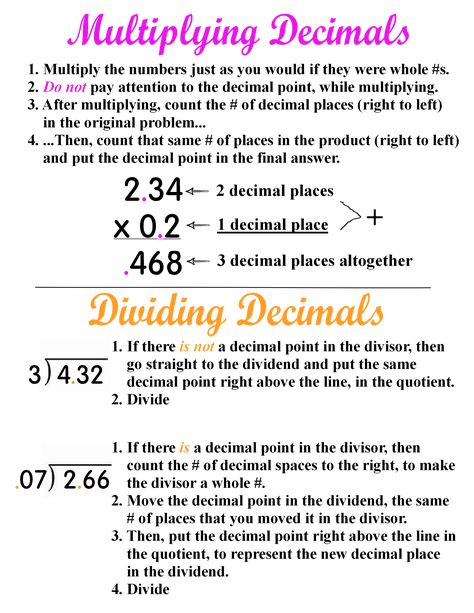 Multiplying And Dividing Decimals Anchor Chart, Divide Decimals Anchor Chart, How To Multiply Decimals, How To Divide Decimals, Multiplying Decimals 5th Grade, Dividing Decimals Anchor Chart, Multiplying Decimals Anchor Chart, Multiplication Anchor Chart, Decimals Activities