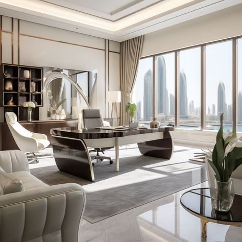 In Dubai’s high-rise, the manager’s office reflects contemporary luxury with its expansive views and minimalist furniture. Modern Ceo Office, Ceo Office Interior Design, Ceo Office Interior, Ceo Office Design Luxury Modern, Ceo Office Design Luxury, Boss Office Interior Design, Office Interior Design Luxury, Modern Office Design Inspiration, Ceo Office Design