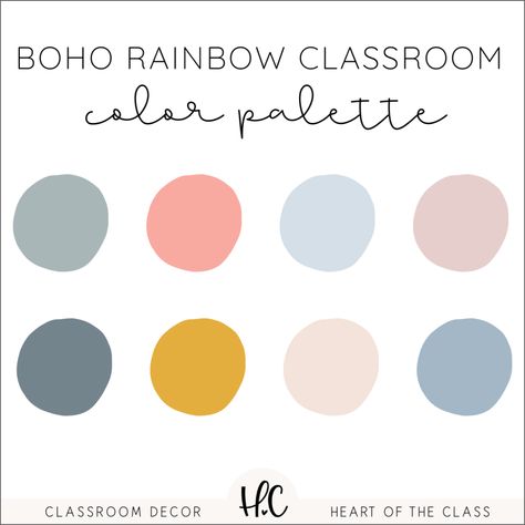 Cheerful and calming classroom color palette from the Boho Rainbow Classroom Decor collection. Designed by Heart of the Class. Boho Rainbow Office Decor, Boho Rainbow Preschool Classroom, Boho Classroom Decor Ideas Preschool, Muted Rainbow Classroom, Rainbow Boho Classroom, Pinterest Classroom, Classroom Color Scheme, Classroom Colors, Calming Classroom