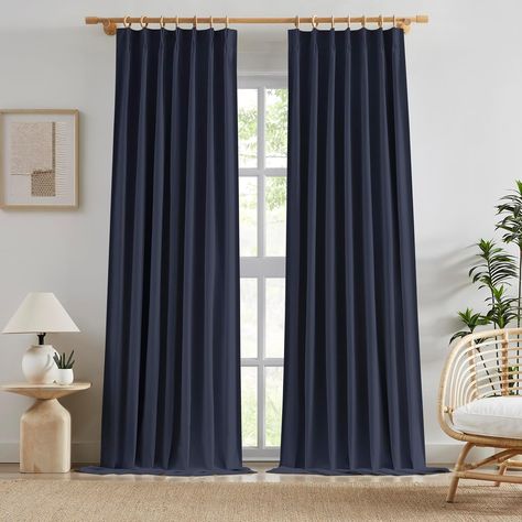 Amazon.com: Navy Blue Pinch Pleat Blackout Curtains 120 Inch Long 2 Panels,Linen Blend Traverse Curtains with Hooks Back Tab Long Heavy Duty 100% Light Blocking Curtains for Living Room Bedroom W40xL120x2 : Home & Kitchen Navy Bedroom Curtain Ideas, Navy Blue Curtains Living Room Ideas, Curtains With Hooks, Navy Curtains, Classic Curtains, Light Blocking Curtains, Pleat Curtains, Pinch Pleat Curtains, Blue Curtains