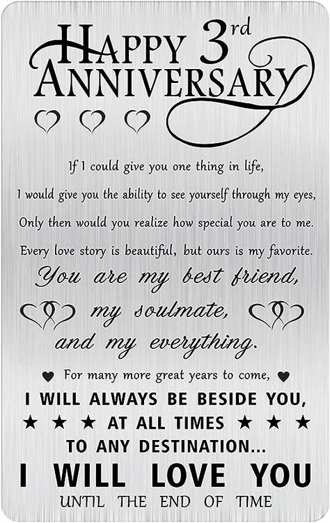 Amazon.com: Alotozo Happy 3rd Anniversary Sweet Gifts for Him Husband, Happy 3 Year Wedding Anniversary Engraved Wallet Card Gift for Her Men : Clothing, Shoes & Jewelry Idea For Anniversary For Him, Happy 3rd Anniversary To My Husband, 3 Rd Anniversary Quotes, 11 Month Anniversary Quotes For Him, Happy 3 Anniversary To My Husband, 3rd Anniversary Quotes My Husband, 3year Anniversary Quotes, Happy 3 Year Anniversary Wishes, 3 Anniversary Quotes