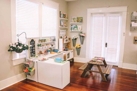 athomewithnatalie-playkitchen 1 Playroom With Kitchen Set, Playroom Kitchen And Market, Play Kitchen Counter Space, Playroom Kitchen Set Up, Pretend Play Set Up, Kids Kitchen Set Up, Play Kitchen Set Up Playrooms, Kids Kitchen Playroom, Kitchen Set For Kids