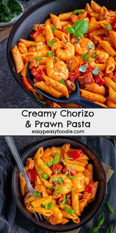 A delicious combination of prawns, chorizo, tomatoes and penne pasta, with just a touch of cream, this easy peasy Chorizo and Prawn Pasta can be on the table in just 20 minutes! If you love prawns and chorizo, you are going to love this speedy pasta recipe! Chorizo Shrimp Pasta, Prawns And Chorizo Recipes, Prawns With Pasta, Prawn Pasta Tomato, Prawn And Chorizo Recipes, Prawn And Chorizo Pasta, Prawns Pasta, Prawn Pasta Recipe, Chorizo Pasta Recipes