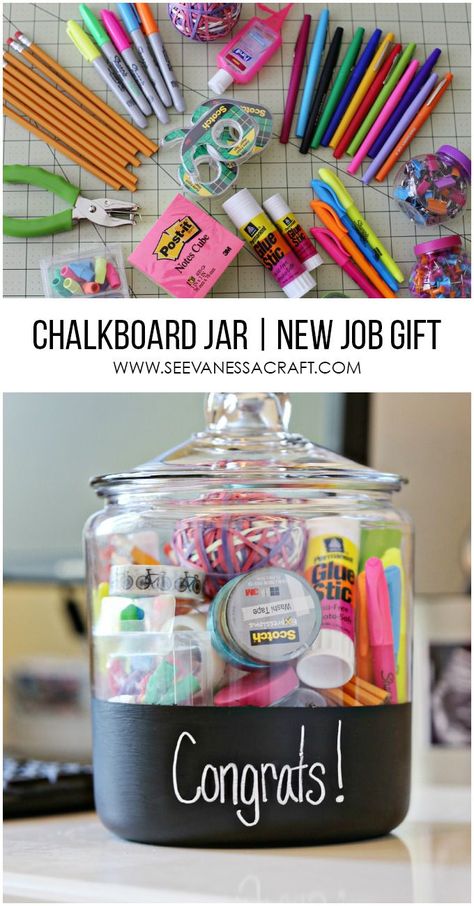 New Job Gift in a Chalkboard Jar #GearLove #ad Congratulation Gifts, Cubicle Makeover, Student Teacher Gifts, Ge Bort, Neuer Job, New Job Gift, Congratulations Gift, Job Gifts, School Supply