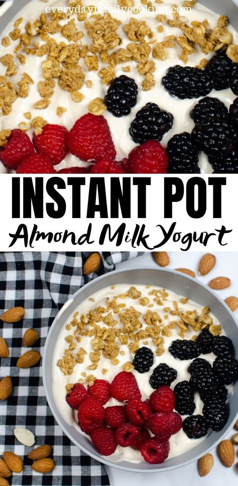 Easy dairy free Instant Pot Yogurt. This pressure cooker yogurt is made with almond milk and almond yogurt for the ultimate homemade non-dairy option! #nondairy #dairyfree #instantpotyogurt #homemadeyogurt Almond Milk Yogurt Instant Pot, Dairy Free Yogurt Instant Pot, Almond Milk Yogurt Recipe, Yogurt Instant Pot, Crockpot Dairy Free, Dairy Free Yogurt Recipe, Yogurt In The Instant Pot, Instant Pot Recipes Healthy Family, Instant Pot Yogurt Recipe