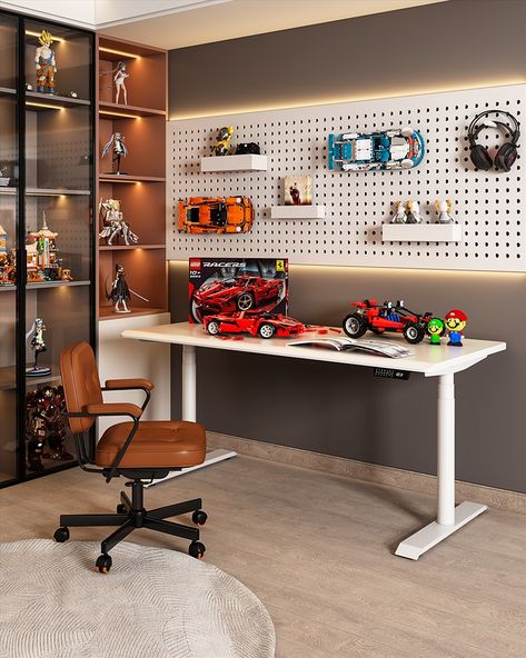 Do you like the idea of Lego & adjustable table

#LEGO #standingdesk Lego Rooms For Adults, Modern Lego Room, Playroom Lego Display, Pegboard Lego Display, Lego Aesthetic Room, Lego Building Room Ideas, Diy Lego Wall Board, Lego Office Ideas, Lego Gaming Room