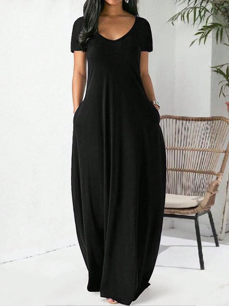 Solid V Neck Hidden Pocket Maxi Tee DressI discovered amazing products on SHEIN.com, come check them out! Maxi Tee Dress, Striped Linen Dress, Wrap Sweater Dress, A Line Maxi Dress, Sundress Dress, Mini Sundress, Pin Up Dresses, Womens Floral Dress, Adrianna Papell Dresses