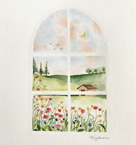 Shaz Serene, Serene Design, Spring Drawing, Window Drawing, Learn Watercolor Painting, Watercolor Sunset, Diy Watercolor Painting, Watercolor Paintings Easy, Watercolor Ideas