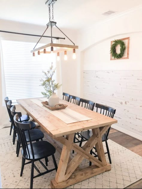 We built this DIY Angle Base Dining Table for only $129! Free plans and how-to video now! Dining Table Plans, Diy Dining Room Table, Diy Kitchen Table, Black Chairs, Farmhouse Dining Room Table, Diy Dining Room, Diy Dining Table, Diy Farmhouse Table, Table Farmhouse