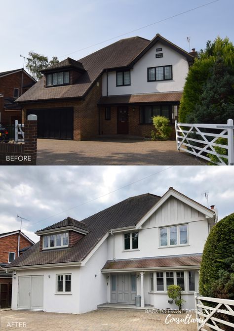 This house in Woking has had a refresh with new  render, timber windows and front door and a great colour scheme by Back to Front Exterior Design Rendering Outside House, Front Door Rendered House, Uk Exterior House, Exterior House Remodel Uk, House Rendering Before And After, House Exterior Render, 1930s House Exterior Renovation, House Rendering Colours, Back To Front Exterior Design