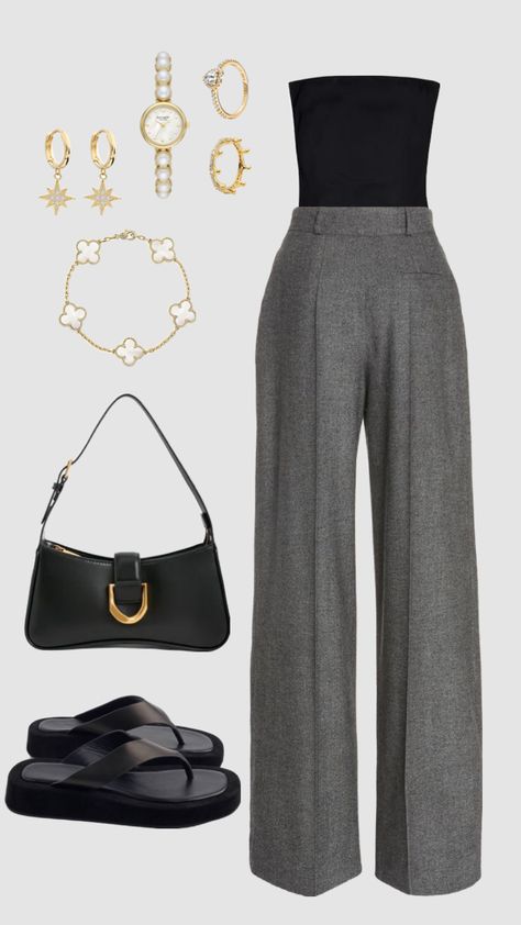 Elegant Evening Wear, Elegance Dress, Chic Streetwear, Classy Fashion, Grey Trousers, Chunky Sandals, Looks Street Style, Classy Casual, Casual Chic Outfit