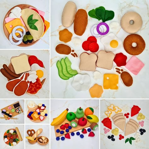 10 Felt Food Playset PDF Sewing Pattern MEGA BUNDLE - bread, 3D fruit, vegetable, pizza, sandwich, sushi, bagel, breakfast, pasta, omelette Pasta Omelette, Sandwich Sushi, Breakfast Pasta, Bagel Breakfast, Paper Squishy, Felt Food Diy, Pizza Sandwich, Felt Play Food, Pretend Food