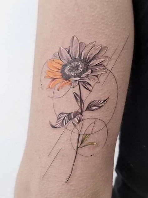 Sunflower Sunflower Tattoos Sleeve, Creative Sunflower Tattoo, Tattoo Ideas Minimalist Flower, Single Needle Sunflower Tattoo, Sunflower Design Tattoo, Cool Sunflower Tattoos, Geometric Sunflower Tattoo Design, Sunflower Wheat Tattoo, Wilting Sunflower Tattoo