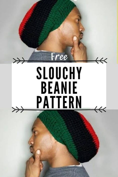 Men's Slouchy Beanie Crochet Pattern Free.  This pattern is just not for men or someone with dreadlocks. Trust me, since first creating this hat, I have made many for my bad hair days. This is a pattern everyone will love. It simple & perfect for the beginner crocheter. Free written pattern & video tutorial included #littlejohnsyarn #slouchybeanie #slouchyhat #crochethat #crochet #crochetrasta Dreadlock Beanie Crochet Pattern, Rasta Hats Crochet, Rasta Crochet Hat, Slouchy Beanie Crochet Pattern Free, Crochet Slouchy Hat Free Pattern, Crochet Scoodie, Marley Crochet, Crochet Mens, Slouchy Beanie Crochet