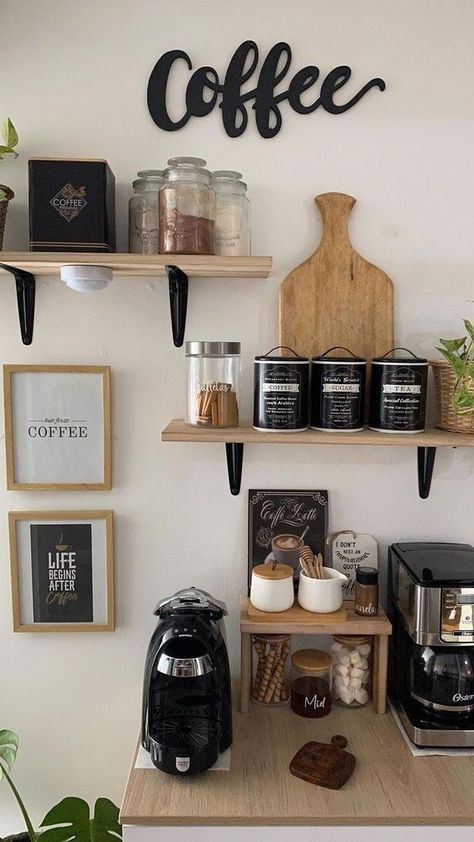 Coffee Organization Ideas, Kaffe Station, Kaffe Bar, Coffee Area, Coffee Bar Station, Coffee Bar Design, Design Café, Coffee Bars In Kitchen, Home Coffee Stations