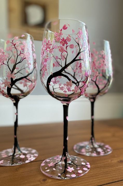 Cherry Blossom Hand Painted Wine Glass Pink Flower Spring | Etsy Hand Painted Wine Glasses Diy, Benefit Ideas, Diy Wine Glasses Painted, Glassware Crafts, Wine Glass Designs, Painted Glassware, Diy Wine Glasses, Painting Skills, Wine Painting