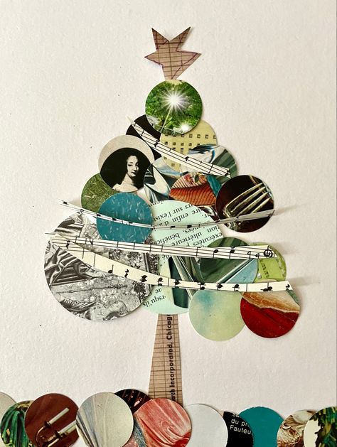 Christmas card design using collage and vintage papers. Collaged Christmas Cards, Collage Christmas Cards Handmade, Handmade Paper Christmas Decorations, Collage Christmas Ornaments, Christmas Card Collage Ideas, Collage Christmas Tree, Christmas Card With Ornament, Collage Art Christmas, Paper Collage Christmas Card