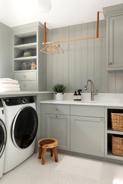 Sunday Saves: Sharing Interior and Exterior Paint Colors of the Kath Home Cabinet Trends, Modern Tudor, Kitchen Cabinet Trends, Laundry Room Cabinets, Open Dining Room, Laundry Room Inspiration, Laundry Room Remodel, Laundry Decor, Small Laundry Room