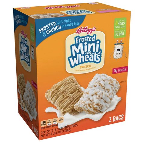 Kellogg's Frosted Mini-Wheats Cereal is ingeniously crafted for breakfasts that matter. Made with delicious ingredients, Frosted Mini-Wheats is a delicious, fulfilling way to start your day and features 10 layers of perfectly toasted whole wheat in every bite-sized biscuit. An excellent source of fiber with 48g of whole grains per serving, each bowlful sticks with you. A big food for big days, this yummy cereal is here to fuel you without compromising on flavor; Enjoy the delicious flavor you've come to expect in every incredible spoonful. Frosted Mini-Wheats goes great with yogurt and fresh fruit and makes for a delicious midday snack to help power your busy day. A deserving addition to your pantry, this morning breakfast is a perfectly crafted cereal that fits squarely into your morning Mini Wheats Cereal, Frosted Mini Wheats, Things To Buy At Costco, Cold Breakfast, Wheat Biscuits, Cereal Packaging, Mini Wheats, Big Food, Wheat Cereal