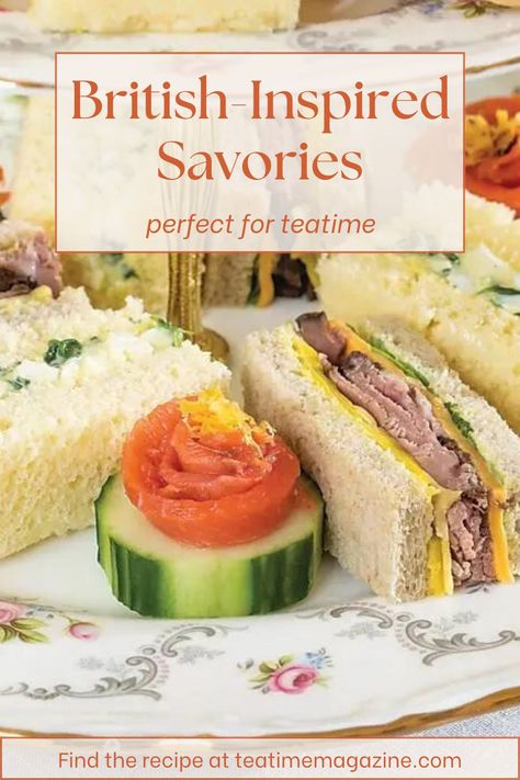 For the savories course of your next afternoon tea, consider serving this enticing trio: Egg and Cress Tea Sandwiches, Garden Vegetable, Roast Beef & Cheddar Tea Sandwiches, and Salmon Roses on Cucumber Rounds. We recommend pairing these lovely recipes with a cup of Grace Tea Company’s "Gunpowder Pearl Pinhead Green." Find the recipes at https://teatimemagazine.com/tea-among-roses/3/.   Royal Albert "Tranquillity" china courtesy of Replacements Ltd. English Tea Sandwiches Recipes, Tea Party Soup, High Tea Sandwiches Fillings, Afternoon Tea Sandwiches Fillings, Tea Sandwiches Recipes Easy, Roast Beef Tea Sandwiches, Afternoon Tea Menu Ideas, Afternoon Tea Party Food, Vegetable Roast