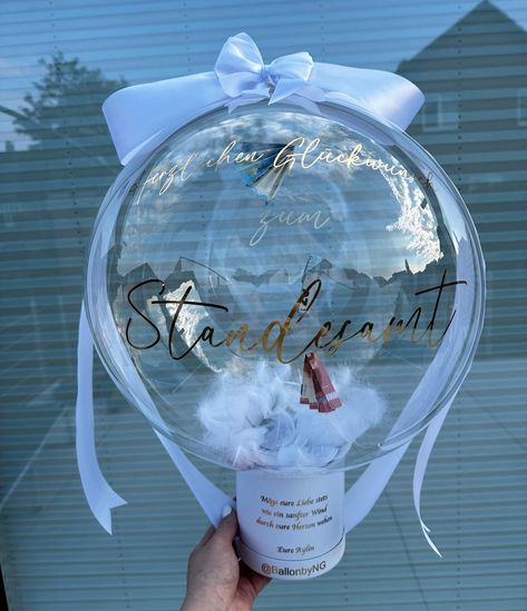 Money gift idea Higher amounts are also possible The balloon will be transparent with white feathers inside and a white box Money Gift Idea, Balloon Gifts, Cash Gifts, Money Bill, Office Birthday, Balloon Gift, Cash Gift, Money Gift, White Feathers