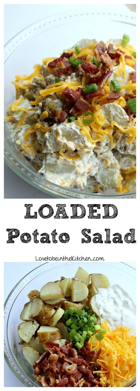 Baked potatoes, cheddar cheese, and crispy bacon are tossed with a delicious tangy sour cream dressing, making the perfect Loaded Potato Salad! Great for potlucks! Sour Cream Dressing, Comfy Kitchen, Loaded Potato Salad, Baked Potato Toppings, Amazing Salads, Loaded Baked Potato Salad, Potatoe Recipes, Best Baked Potato, Baked Potato Salad