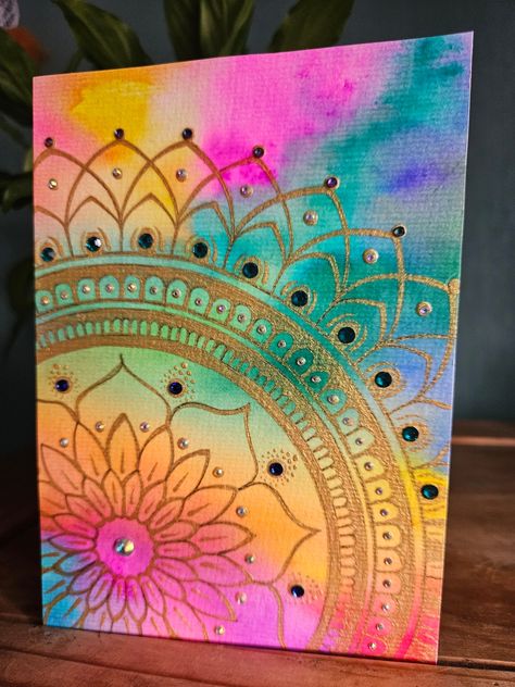 Heart Chakra Painting, Mandala Art Gift Ideas, Watercolour Mandala Art, Mandela Paintings, Mandala Greeting Cards, Watercolour Mandala, Henna Canvas, Chakra Painting, Mandala Card