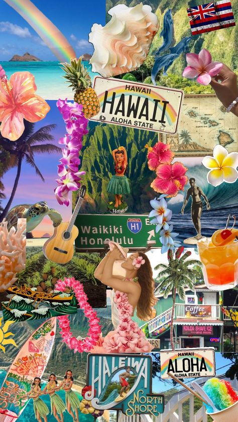 Honolulu Hawaii Aesthetic Wallpaper, Cute Wallpapers Aesthetic Hawaii, Hawaii Collage, Hawaii Poster Aesthetic, Hawaii Collage Wallpaper, Ig Highlights, Dream Summer, Fall Days, Phone Ideas