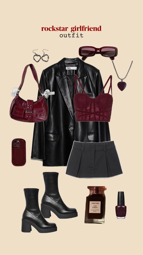 rockstar, style, dark, goth, rock, dark red, cherry red, outfit, style, idea, Red Goth Outfits, Cherry Red Outfit, Rockstar Girlfriend Outfit, Dark Red Cherry, Girlfriend Outfits, Red Goth, Rockstar Style, Outfit Grunge, Rockstar Girlfriend