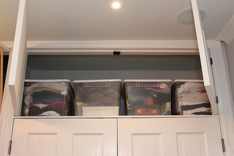 Closet Surrounding Bed, Open Space Above Closet, Above Closet Storage, Space Above Closet, Storage Above Closet, Closet Millwork, Bedroom Closet Organization Diy, Finishing Garage, Small Bedroom Closet Organization