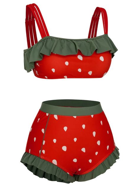 [Pre-Sale] Red 1950s Strawberry Ruffle Strap Swimsuit | Retro Stage Cute Plus Size Bikinis, Vintage Swimwear 1950s, Strawberry Fashion, Beach Party Outfit, Underwire Swimwear, Retro Stage, Kawaii Outfit Ideas, Fruit Fashion, Pin Up Swimsuit