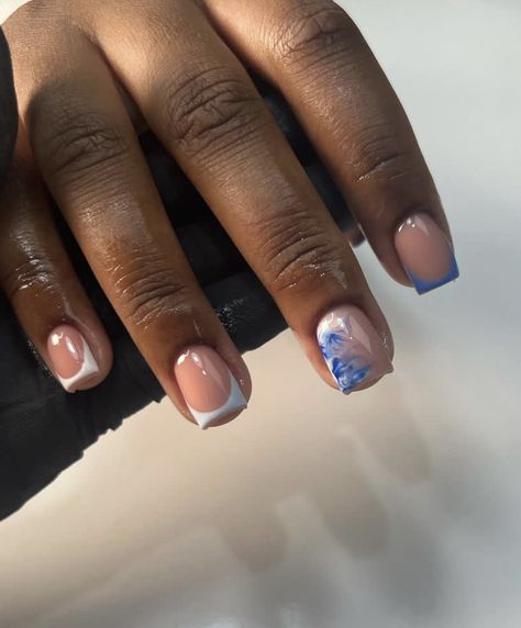 Short Nails With Blue Design, Very Short Nail Designs Simple, Short Manicured Nails Gel Designs, Short Square Acrylic Nails Funky, Short Everyday Nails, Light Blue And Silver Nails Short, Short Square Overlay Nails, Short Blue And Silver Nails, Overlay Nails Blue