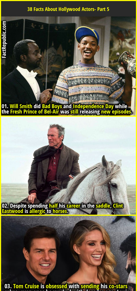 01. Will Smith did Bad Boys and Independence Day while the Fresh Prince of Bel-Air was still releasing new episodes. Fact Republic, Fresh Prince Of Bel Air, Prince Of Bel Air, Fresh Prince, Clint Eastwood, Hollywood Actor, Tom Cruise, Bel Air, Interesting Facts