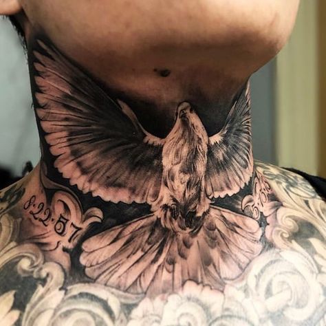 Tattoos Dove On Throat Tattoo, Hawk Neck Tattoo, Male Throat Tattoo, Eagle Throat Tattoo, Neck Wings Tattoo, Eagle Tattoo Neck, Full Throat Tattoo Men, Full Neck Tattoos For Men, Bird Neck Tattoo