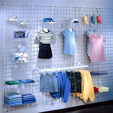 Wire Grid Wall - Carlson JPM Store Fixtures Gridwall Display Ideas, Baby Store Display, Kids Clothing Store Design, Boutique Store Displays, Grid Wall, Clothing Store Displays, Boutique Inspiration, Clothing Store Design, Store Design Boutique