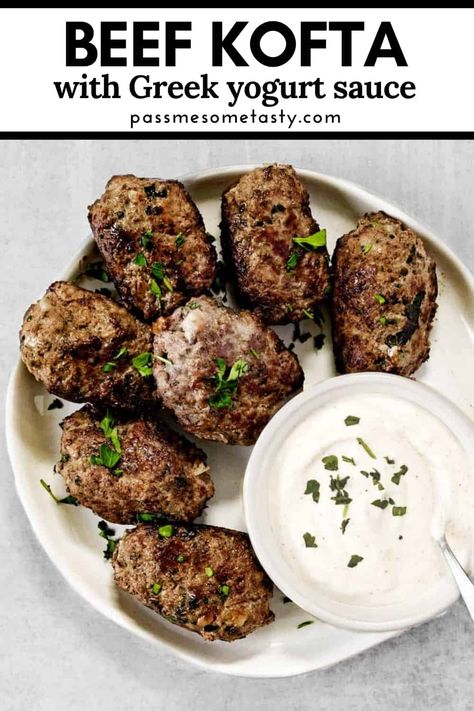 Greek Kofta Recipe, Greek Beef Recipes, Kefta Recipe, Beef Kofta Recipe, Ground Beef Paleo Recipes, Beef Kofta, Greek Sauce, Greek Yogurt Sauce, Beef Kebabs