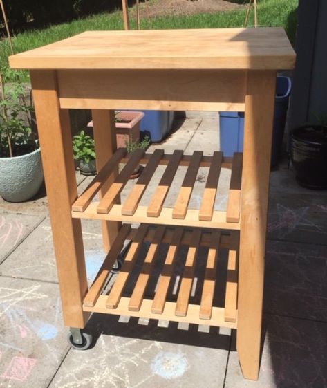 How to transform your IKEA Bekvam Kitchen Trolley into your own stylish Butcher's Block style mini Kitchen Island!    I decided to update our plain IKEA Bekvam Kitchen Trolley after it spent a sad year living outdoors on a patio. I decided I wanted the butcher’s block look with a stained wooden top and white painted legs.    Before I started sanding I cleaned the kitchen trolley thoroughly with a cloth and soap and then dried it off throughly.  I used a small hand sander&nbs… Ikea Kitchen Trolley, Mini Kitchen Island, Pallet Potting Bench, Wooden Ironing Board, Ikea Bekvam, Glass Kitchen Cabinet Doors, Barnwood Shelves, Art Deco Dresser, Butchers Block