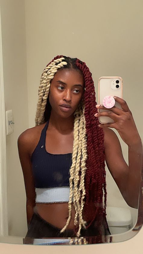 Blonde and burgundy marley twist braids Red Marley Twists, Burgundy And Blonde Braids, Blonde And Burgundy Hair, Red And Blonde Braids, Blonde And Red Hair, Cornrows Natural, New Braided Hairstyles, Cornrows Natural Hair, Marley Twist